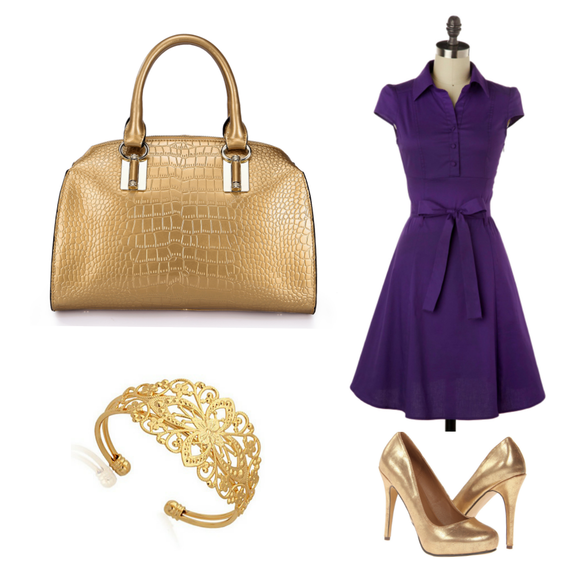 purple dress with gold shoes